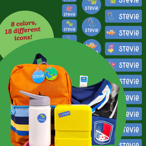 kid's essentials (bag, tumbler, lunch box, and sweater) labeled with InchBug name stickers and bag tags on a green background, with the text "8 colors, 15 different icons!" behind them