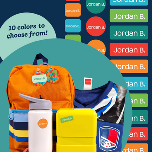 kid's essentials (bag, tumbler, lunch box, and sweater) labeled with InchBug name stickers and bag tags on a green background, with the text "10 colors to choose from!" behind them
