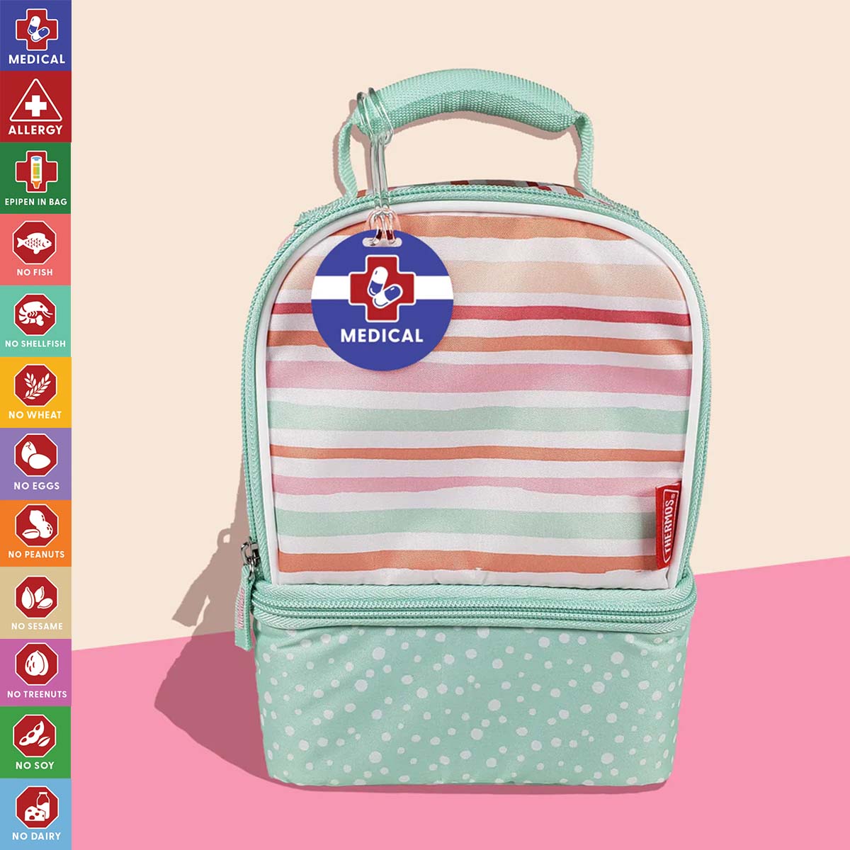 InchBug allergy alert bag tag with a medical icon, displayed on a green and white bag handle. Other types of icons are shown on the left side.