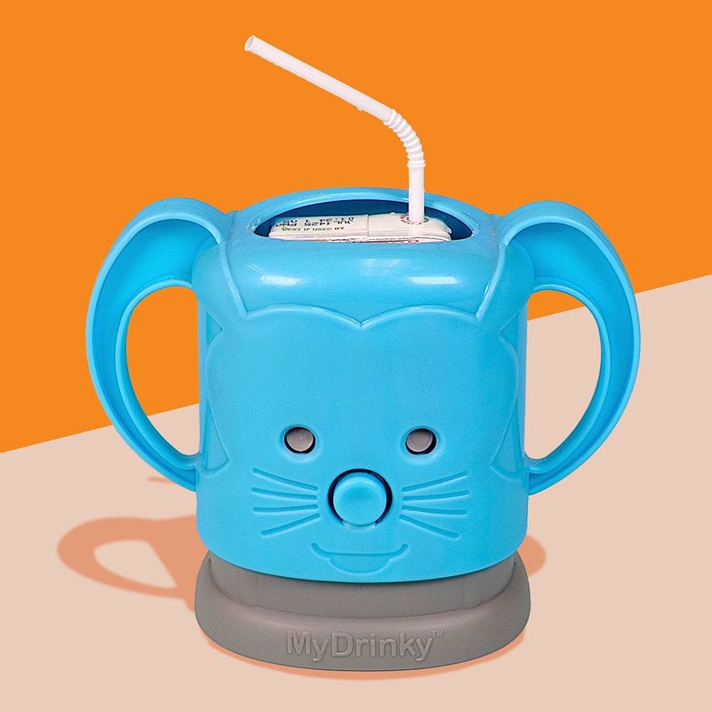 A blue InchBug MyDrinky adjustable juice box holder with a cartoon face and sturdy handles, attached to a grey base, designed to hold a juice box.