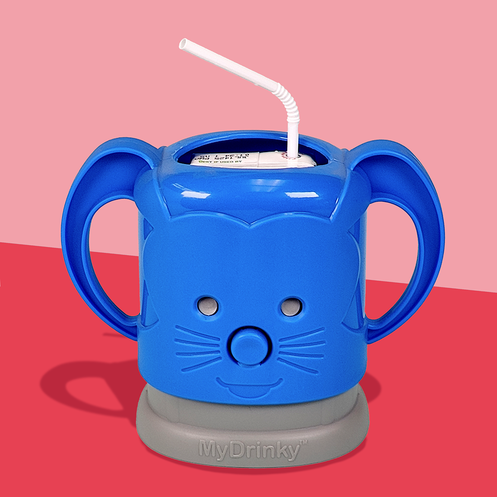 A deep blue InchBug MyDrinky adjustable juice box holder with a cartoon face and sturdy handles, attached to a grey base, designed to hold a juice box.