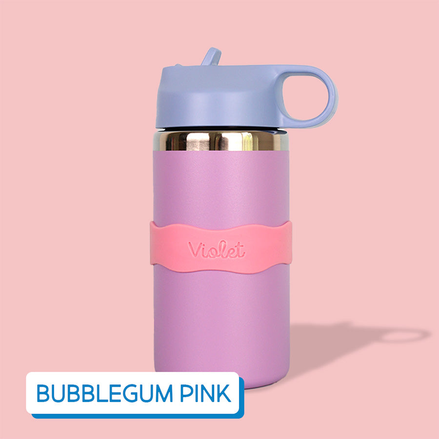 Pink water bottle with a blue lid on a pink background, labeled with InchBug Orbit Labels® Personalized Water Bottle Label - Bubblegum Pink