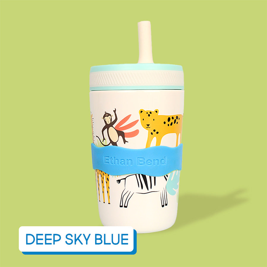 Children's tumbler with animal illustrations and a blue band on a green background, labeled with InchBug Orbit Labels® Personalized Water Bottle Label - 
Deep Sky Blue