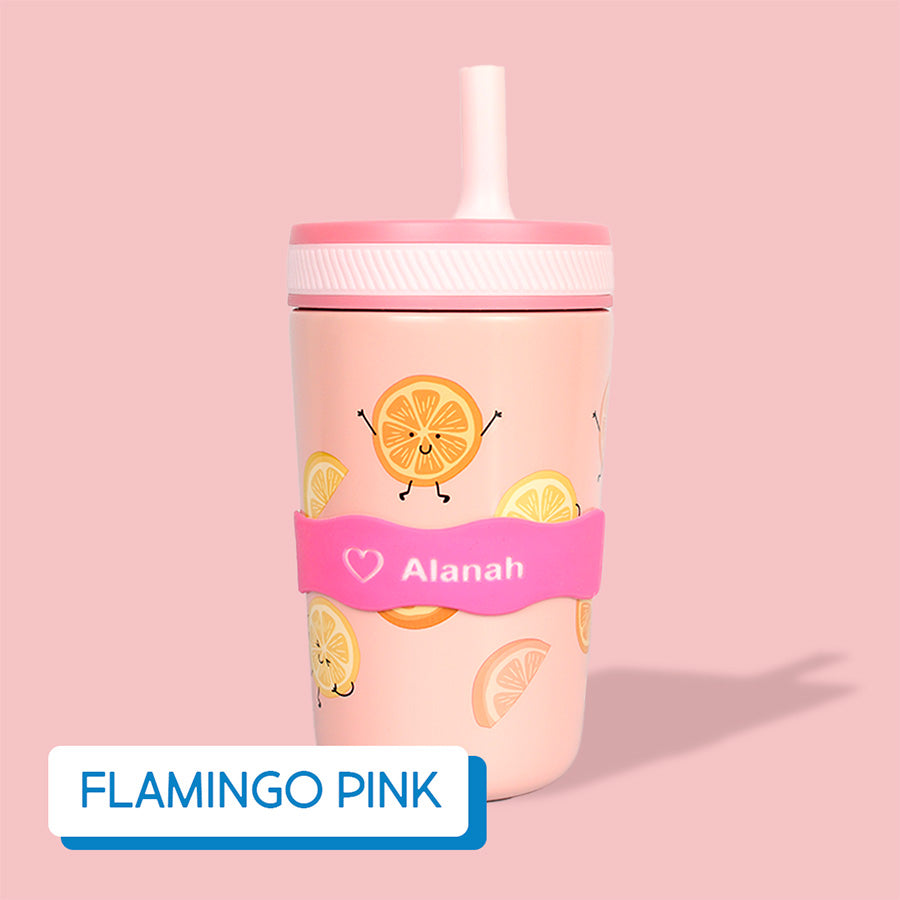 Pink tumbler with cartoonish lemon designs on a pink background, labeled with InchBug Orbit Labels® Personalized Water Bottle Label - Flamingo Pink