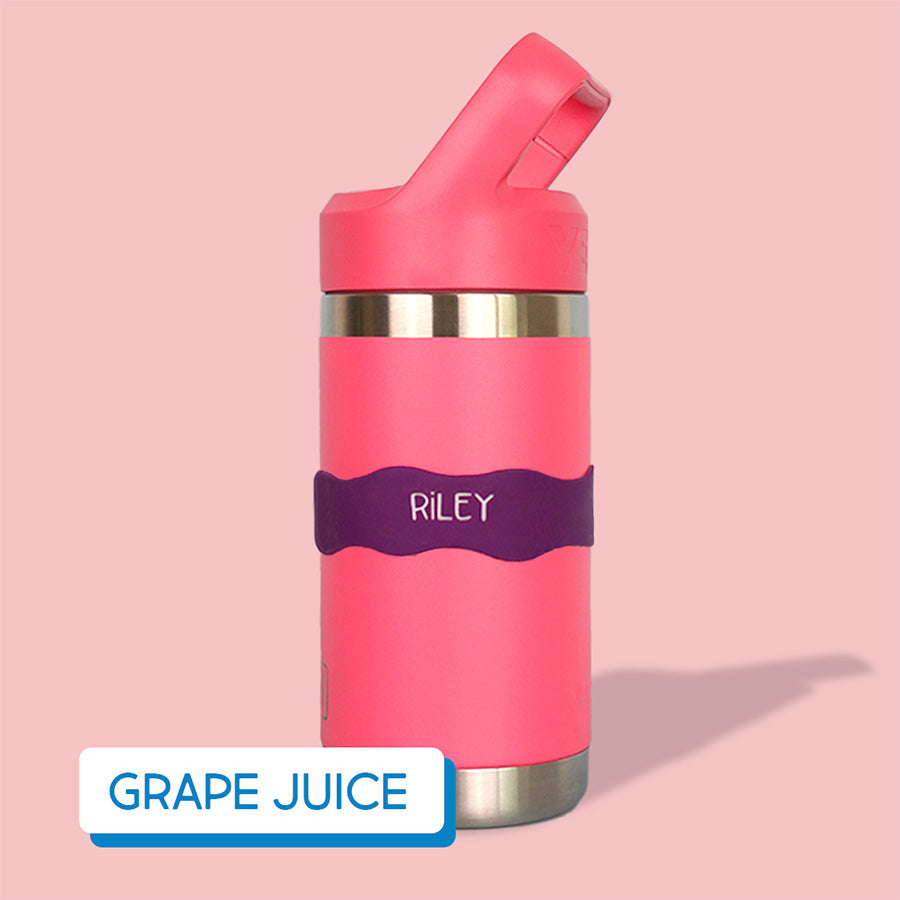 Pink water bottle on a pink background, labeled with InchBug Orbit Labels® Personalized Water Bottle Label - Grape Juice