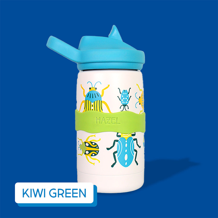 Kid's water bottle with blue lid and cartoonish insect design on a blue background, labeled with InchBug Orbit Labels® Personalized Water Bottle Label - Kiwi Green