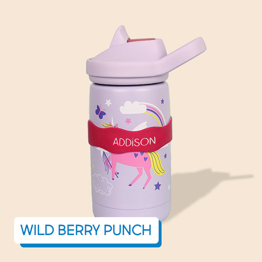 Purple water bottle with unicorn design on a beige background, labeled with InchBug Orbit Labels® Personalized Water Bottle Label - Wild Berry Punch
