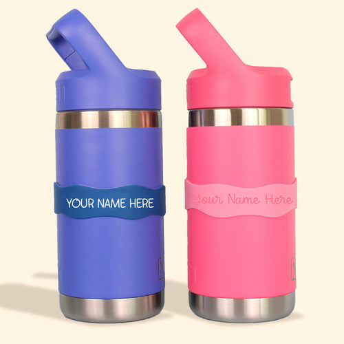 Two colorful water bottles with customizable InchBug Orbit Labels® Personalized Water Bottle Labels on a beige background