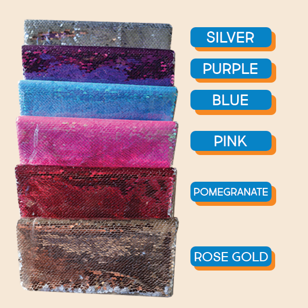 InchBug sequin pouches - list of color choices: silver, purple, blue, pink, pomegranate, rose gold