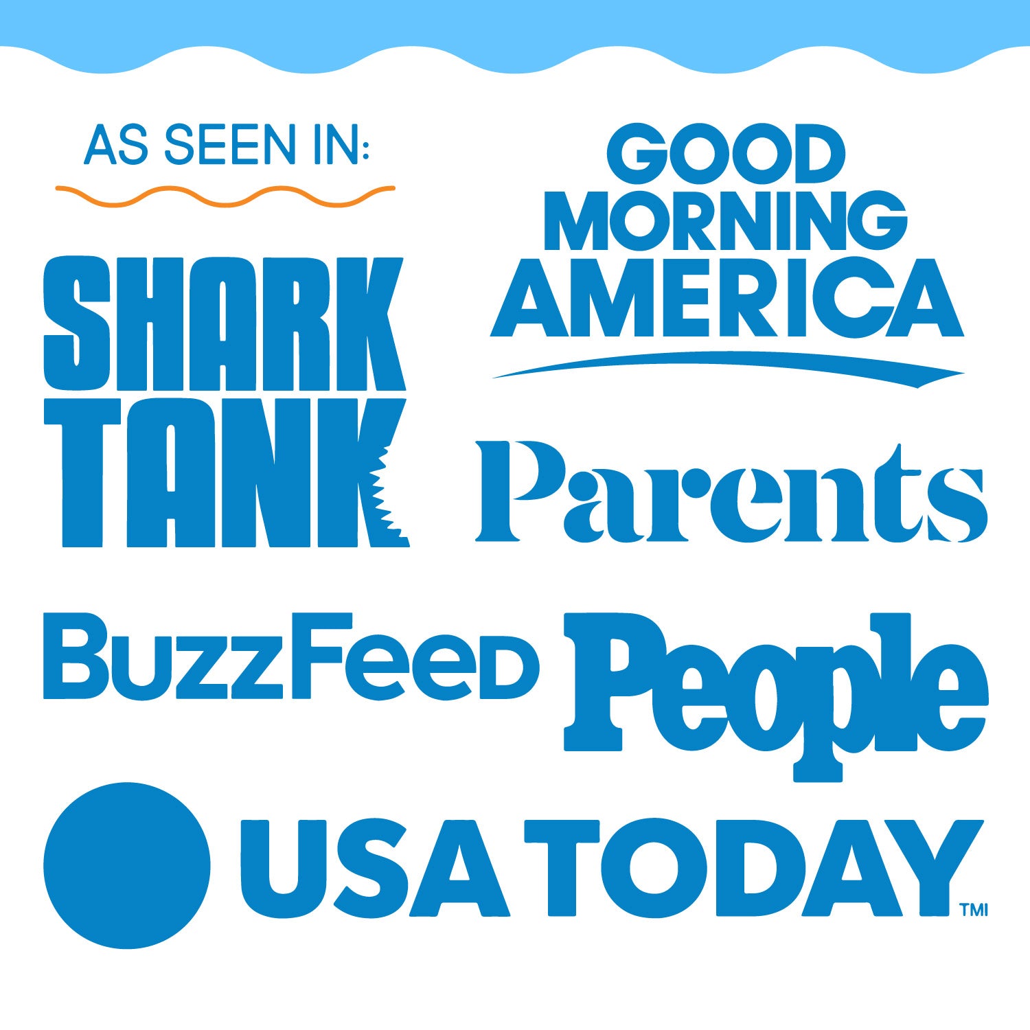 A graphic indicating that a product is featured in Shark Tank, People Buzzfeed, and Parents USA Today, with a blue text on a white background.
