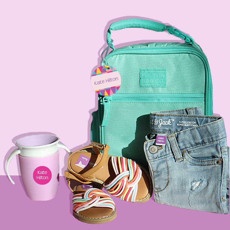 items with InchBug name labels for kids