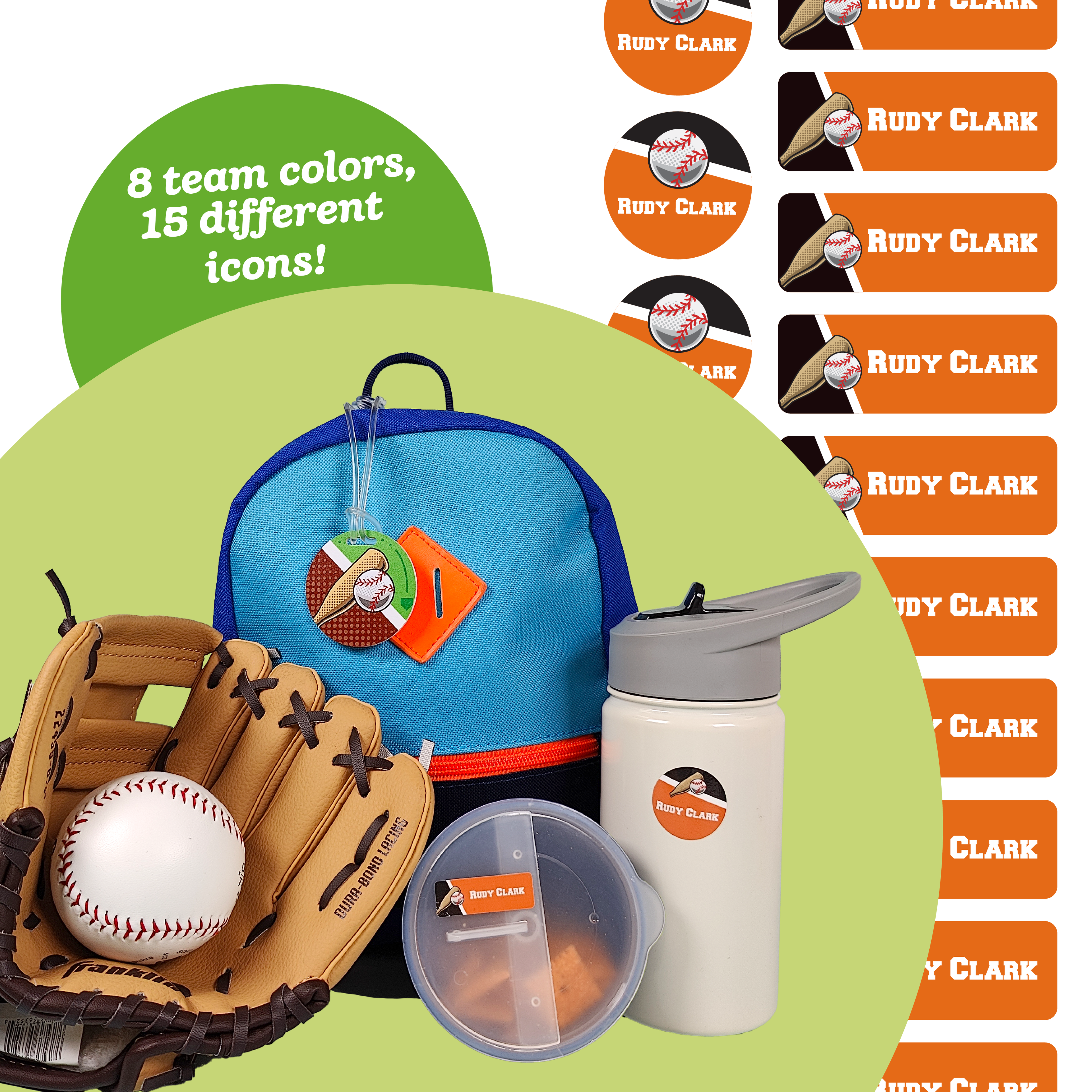 An advertisement image featuring an InchBug Sports Pee Wee Combo Pack which includes personalized labels for sports equipment. Visible equipment includes a baseball glove, a baseball, a water bottle, and a snack container, all with the example text 'Ruby Clark' on the labels.