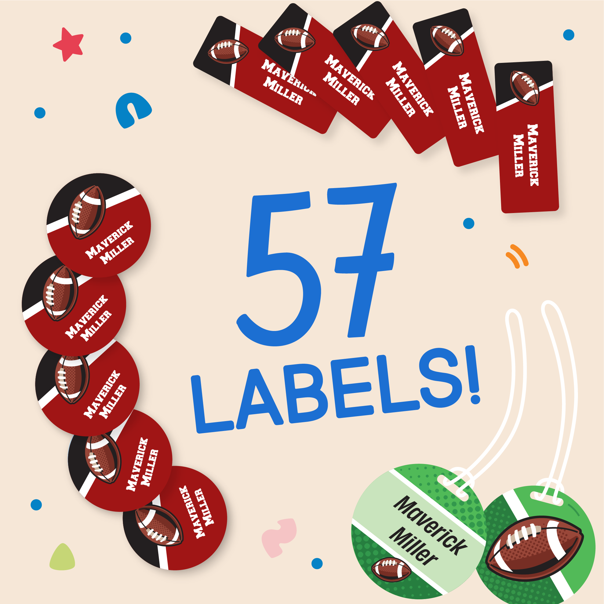 a graphic that reads "57 LABELS!" surrounded by the sports combo packs inclusions