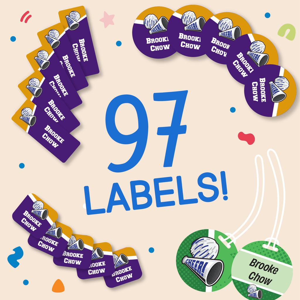 An assortment of sports-themed name sticker labels from the InchBug Big Bundle Combo Pack. This image showcases personalized rectangular labels, shoe stickers, and durable bag tags perfect for labeling kids' belongings.