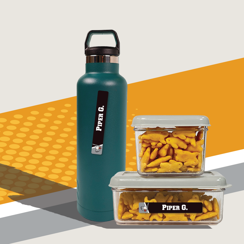 InchBug Mini Rectangle Name Labels - Sports on a green water bottle and food containers