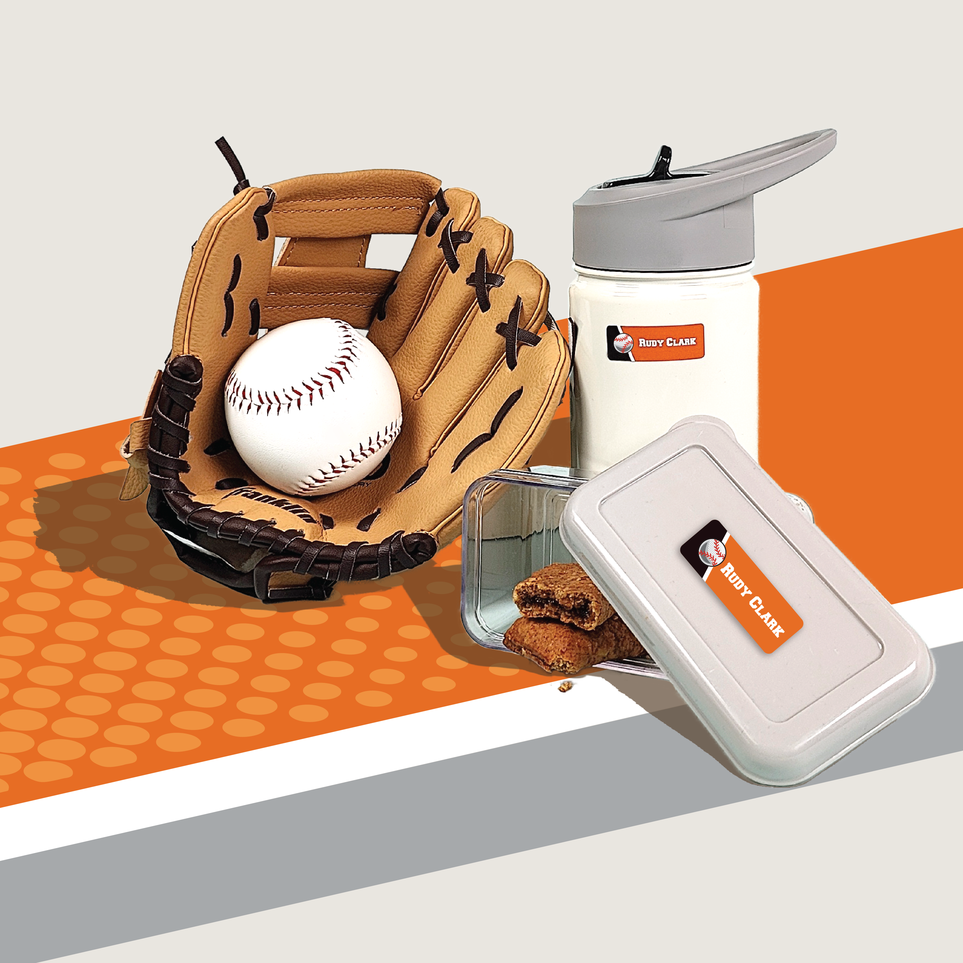 baseball glove and cap with InchBug labeled water bottles and food containers