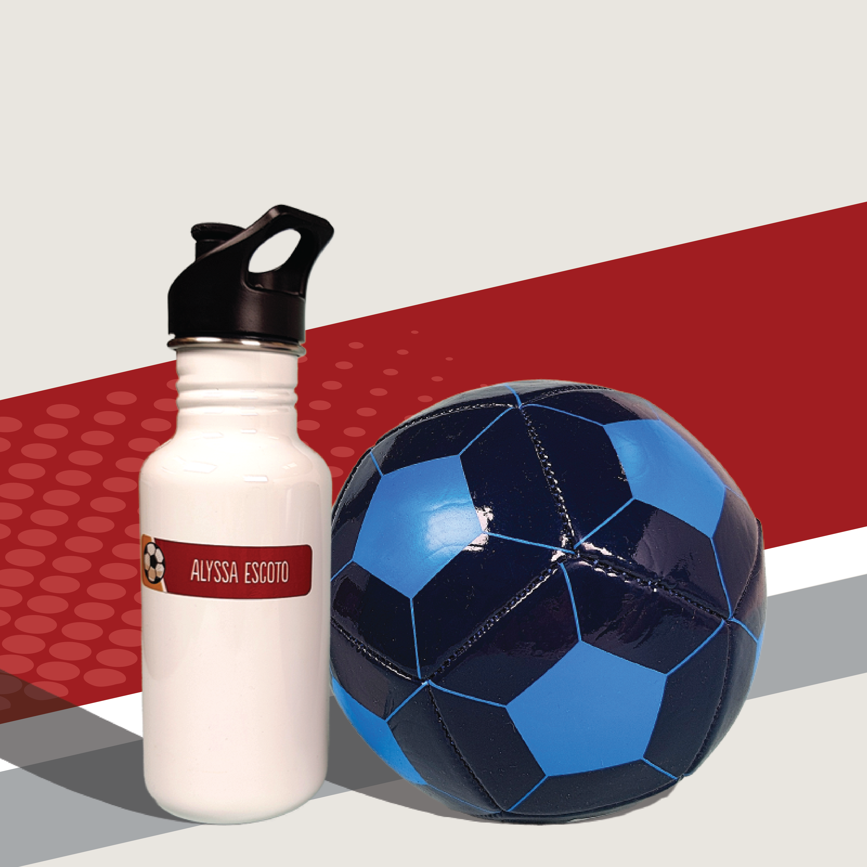 soccer ball beside a water bottle labeled with InchBug Large Rectangle Name Labels - Sports