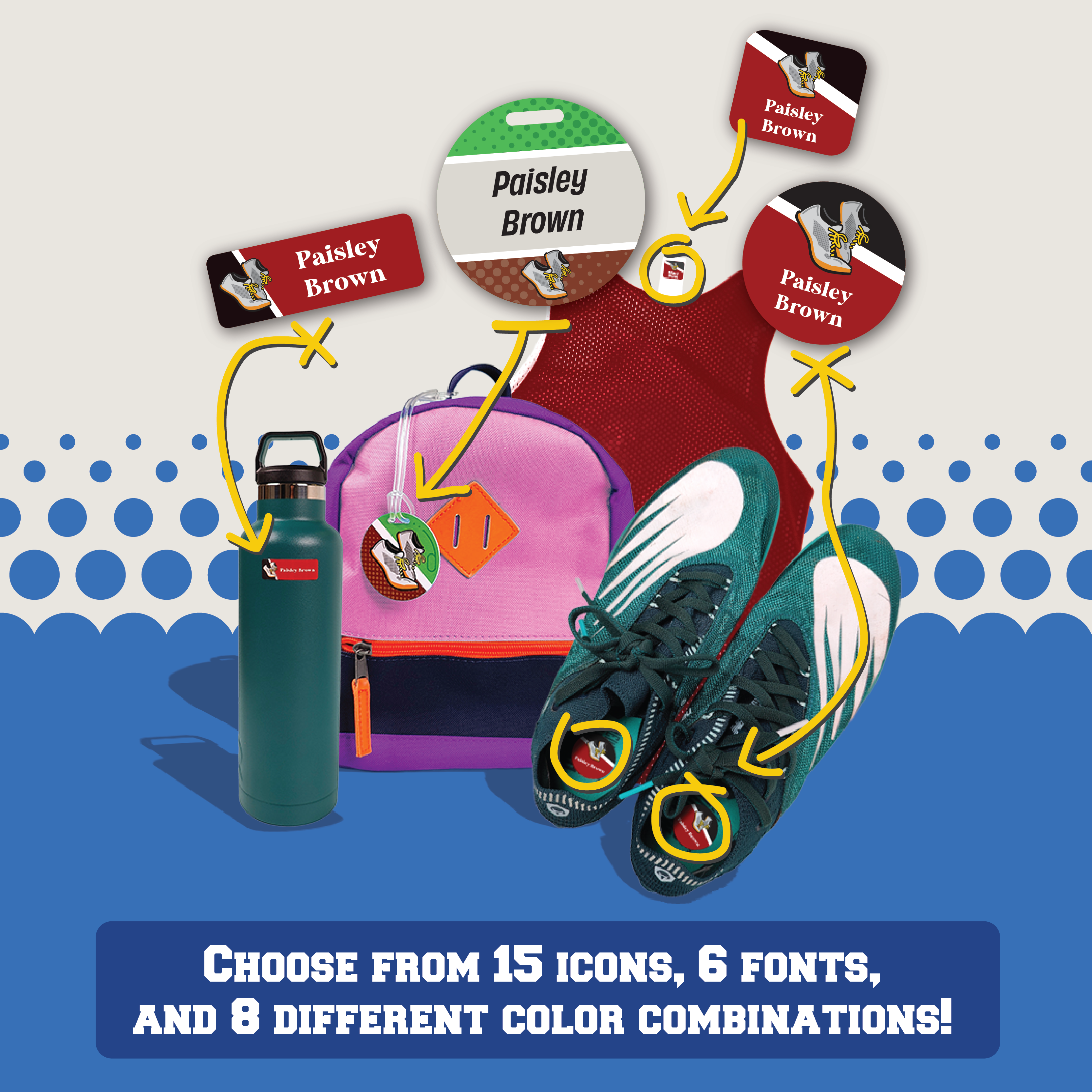 graphic showing the inclusions of the InchBug Sports Big Bundle Combo Pack; the text reads "Choose from 15 icons, 6 fonts, and 8 different color combinations!"