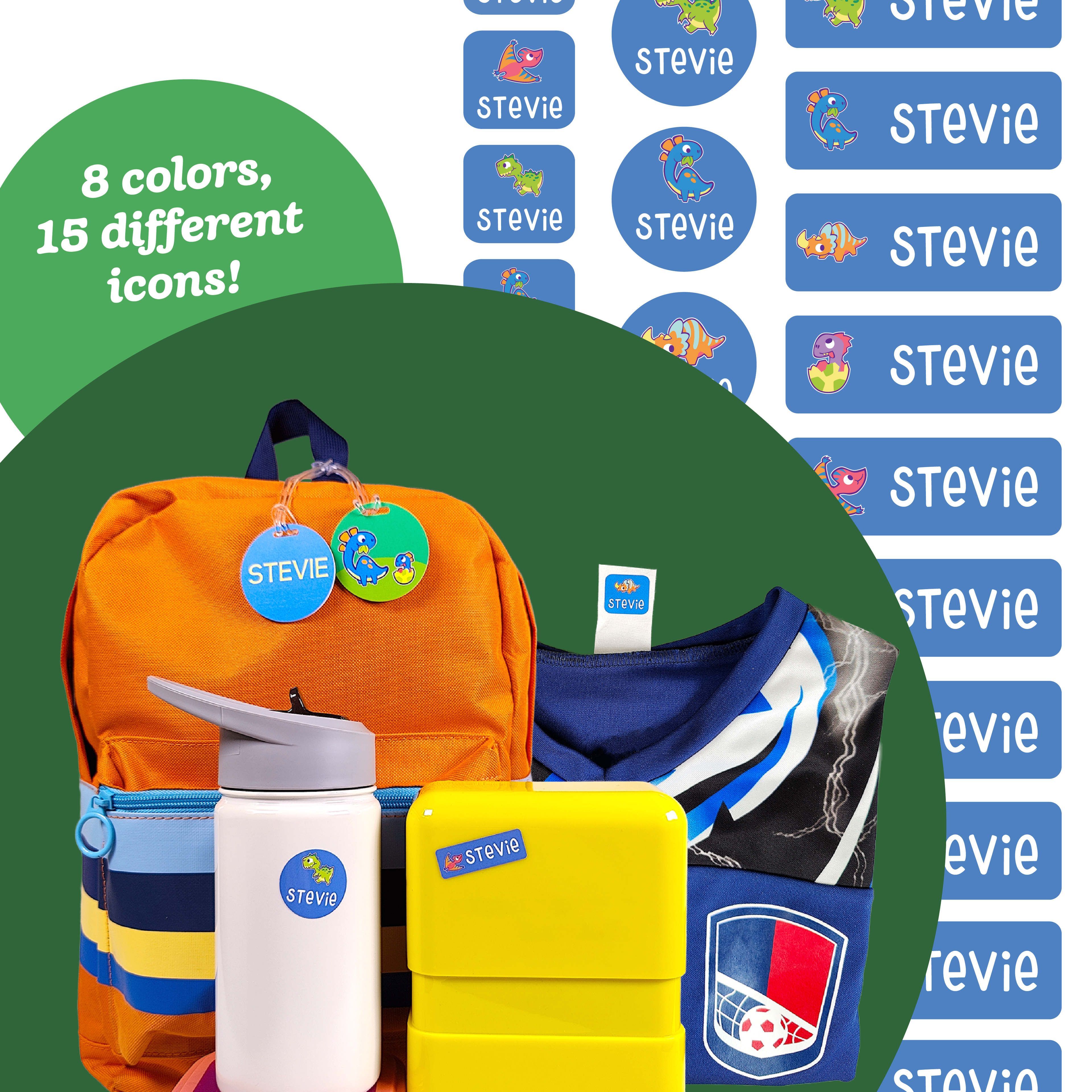 A collection of personalized InchBug labels in various shapes and colors displayed on items such as a backpack, water bottle, and clothing, with a custom name 'Stevie' and icons.
