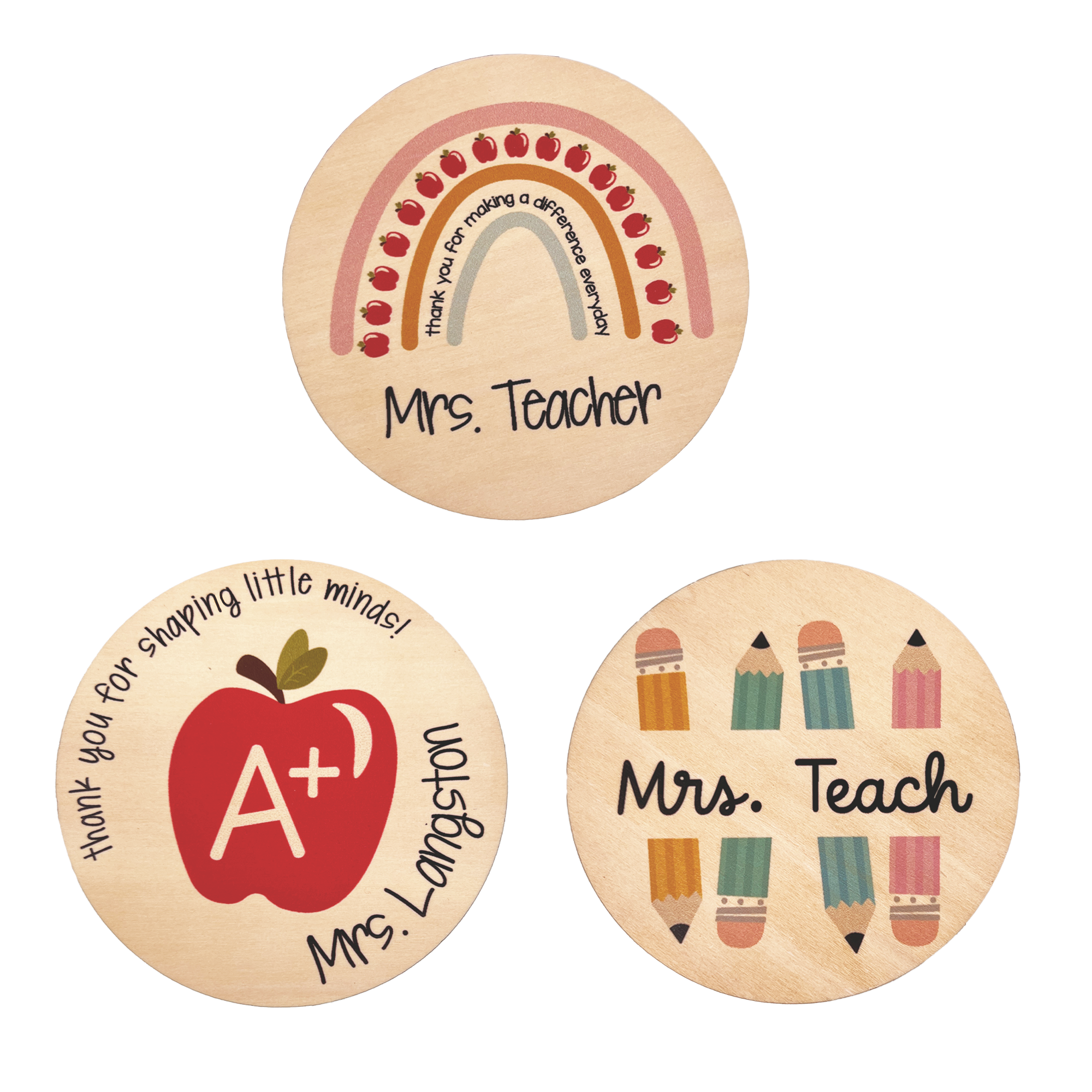 all 3 personalized round coasters in one frame