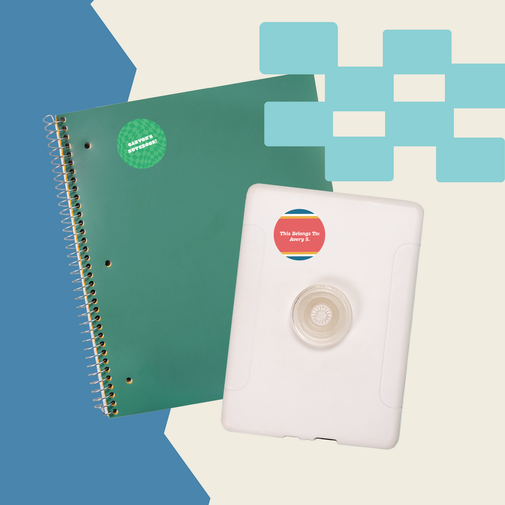 InchBug Circle Name Labels - Teen Line on green notebook and white kindle