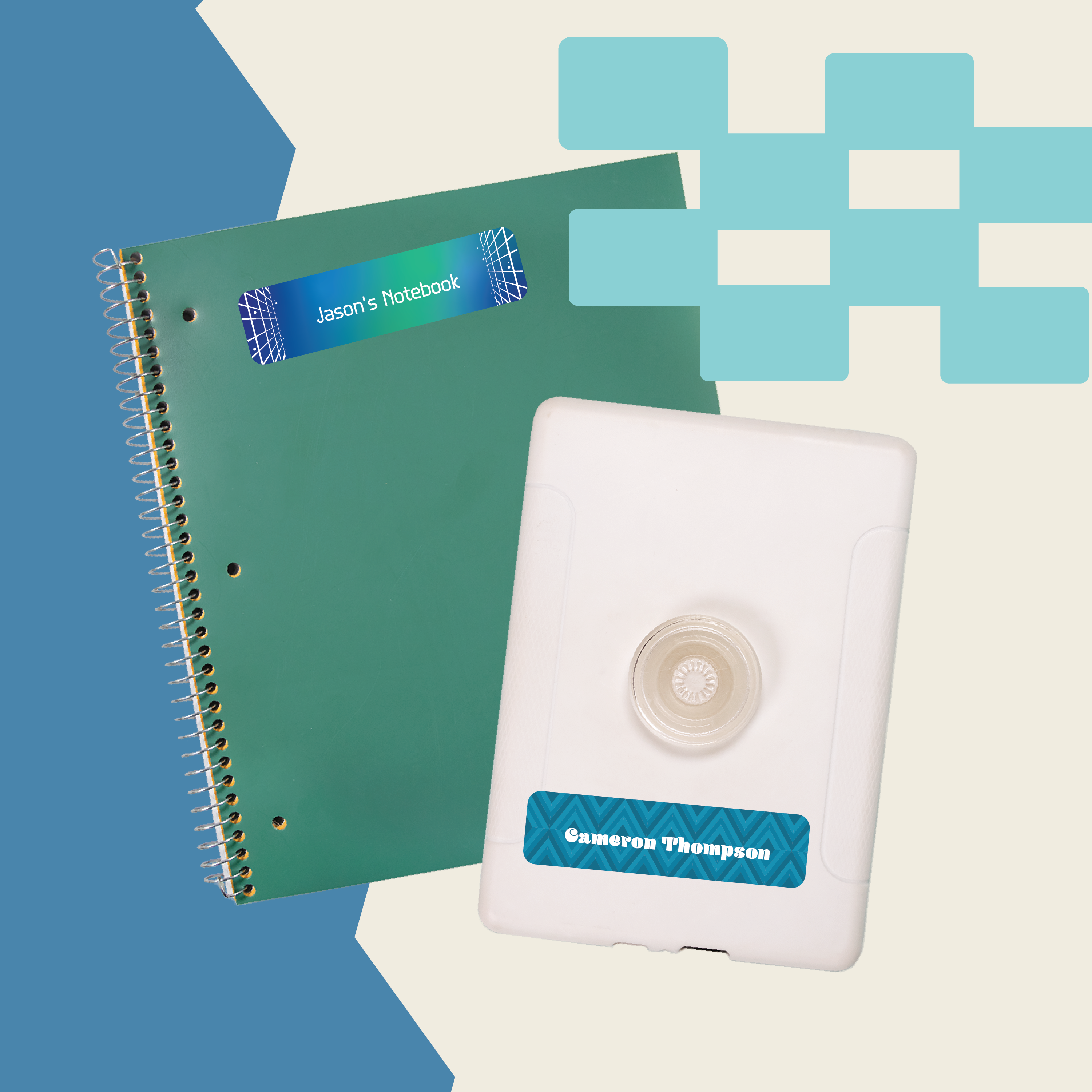 InchBug rectangle name labels on a green notebook and a white Kindle