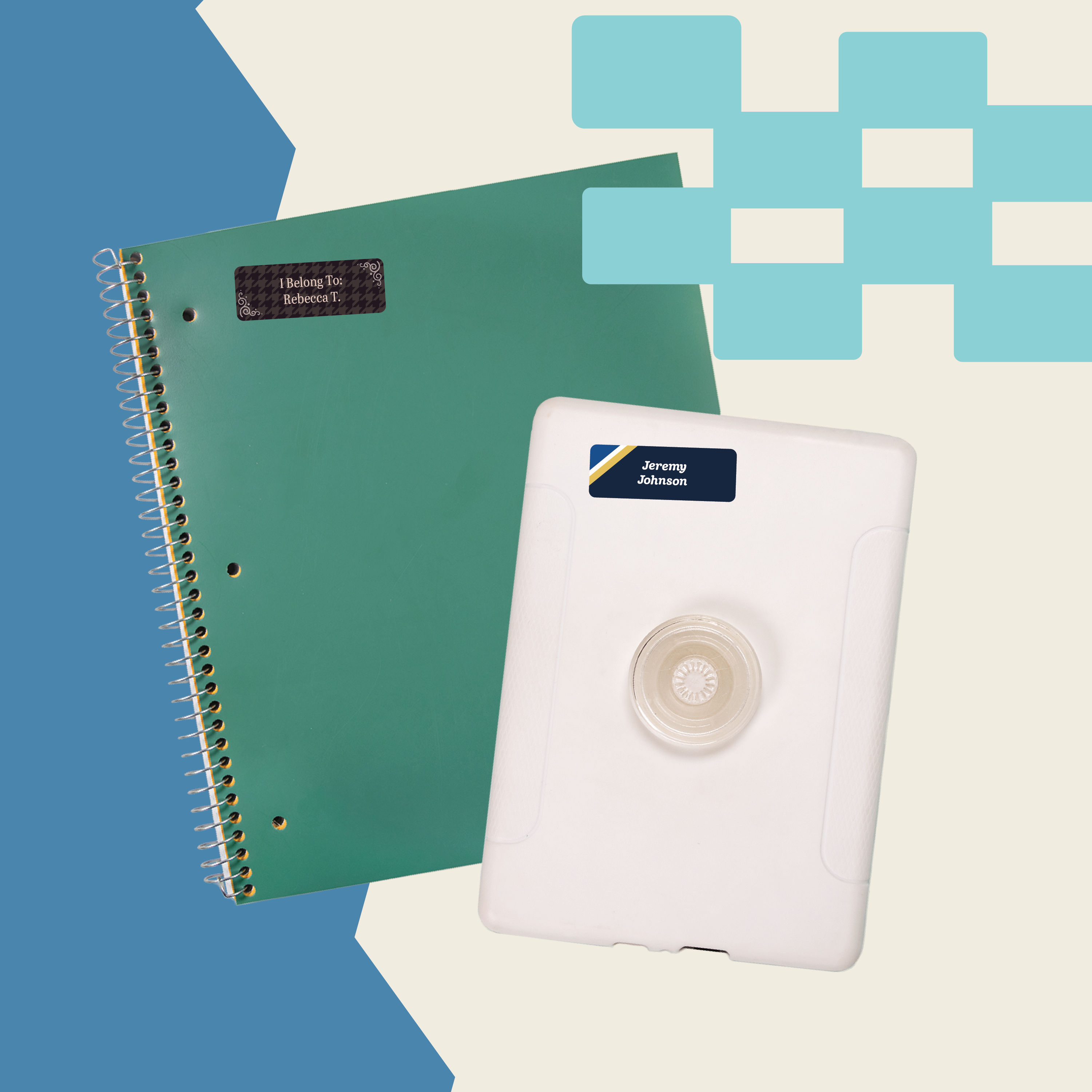white Kindle and green notebook against a patterned background, both labeled with black InchBug sticky name labels
