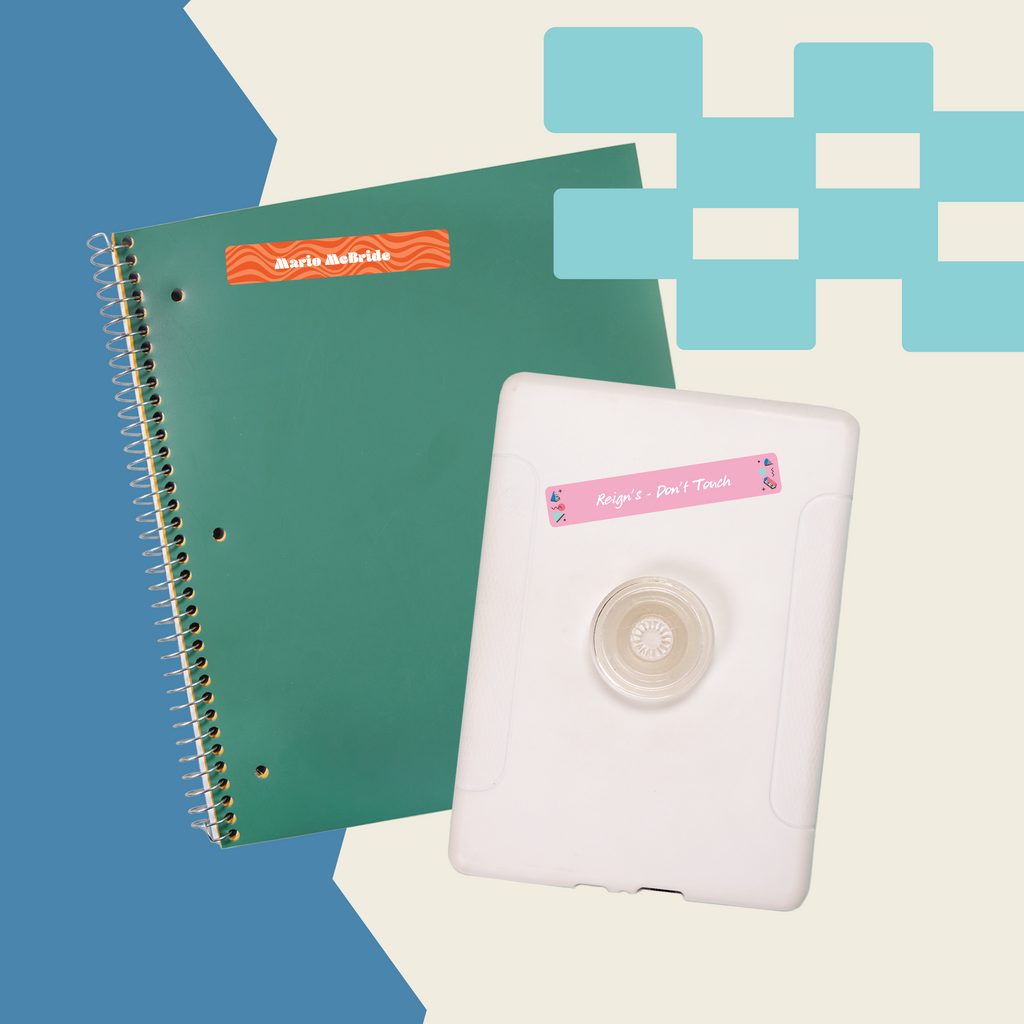 green notebook and white Kindle labeled with Mini Rectangle Name Labels - Teen Line