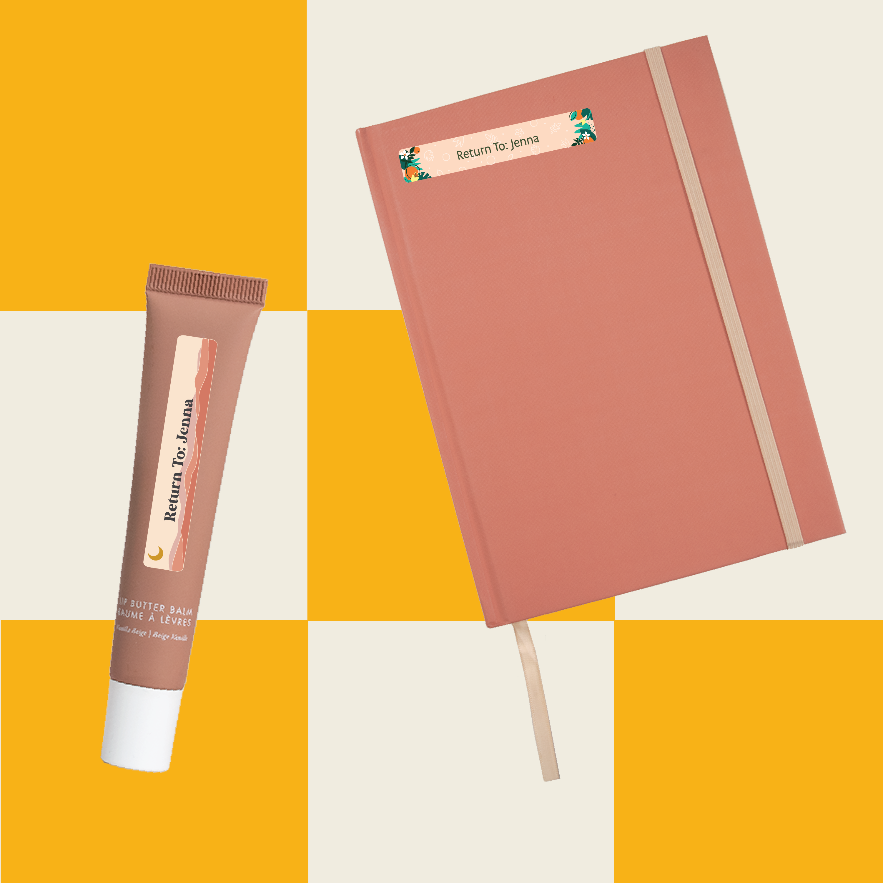 brown tube and orange notebook labeled with InchBug Mini Rectangle Name Labels - Teen Line