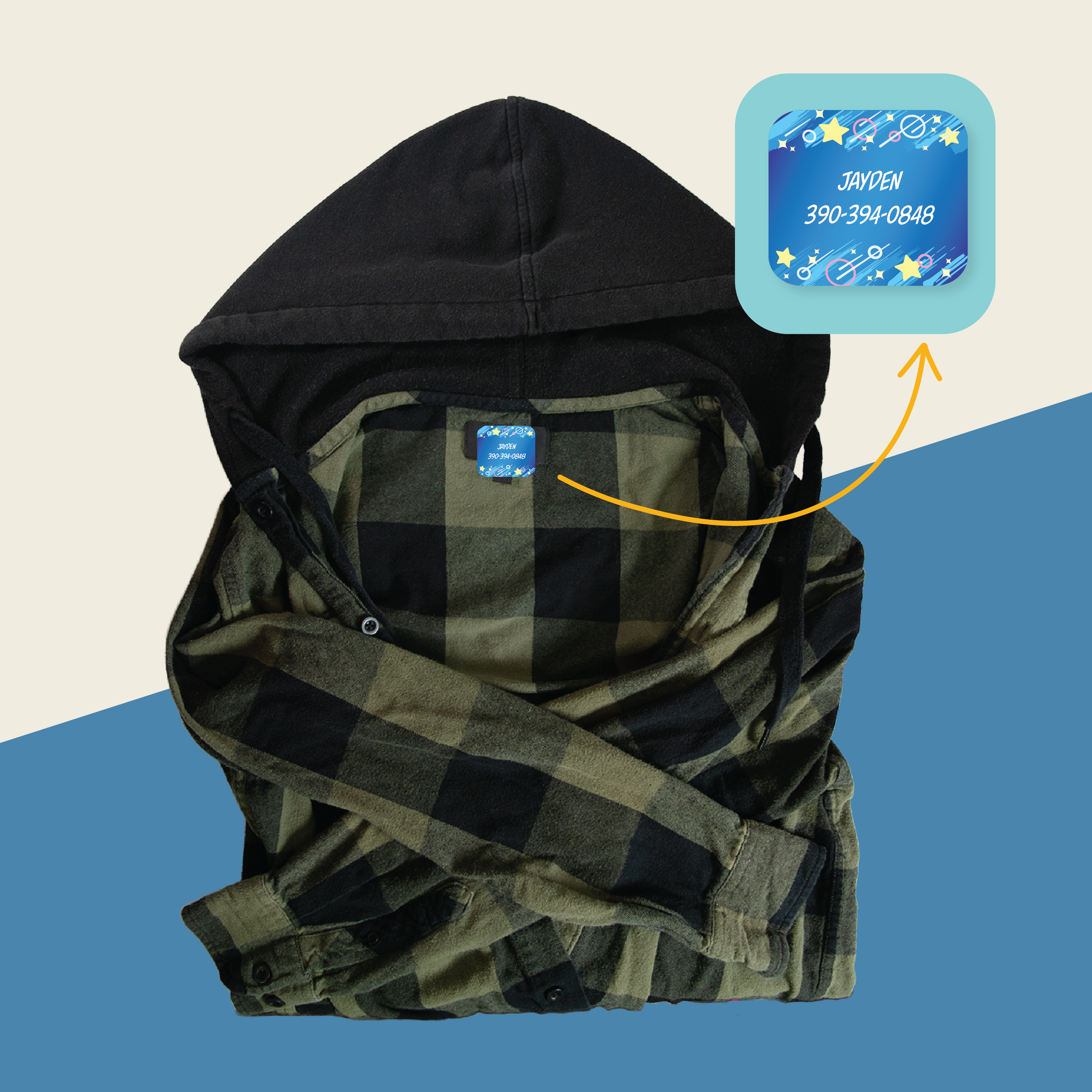 A close-up of a checkered garment with an InchBug TagPal Kids clothing label tag