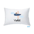 white pillow with bear print design against a white background, customized by InchBug with the name "Violet"; small text in blue reads "BEAR"