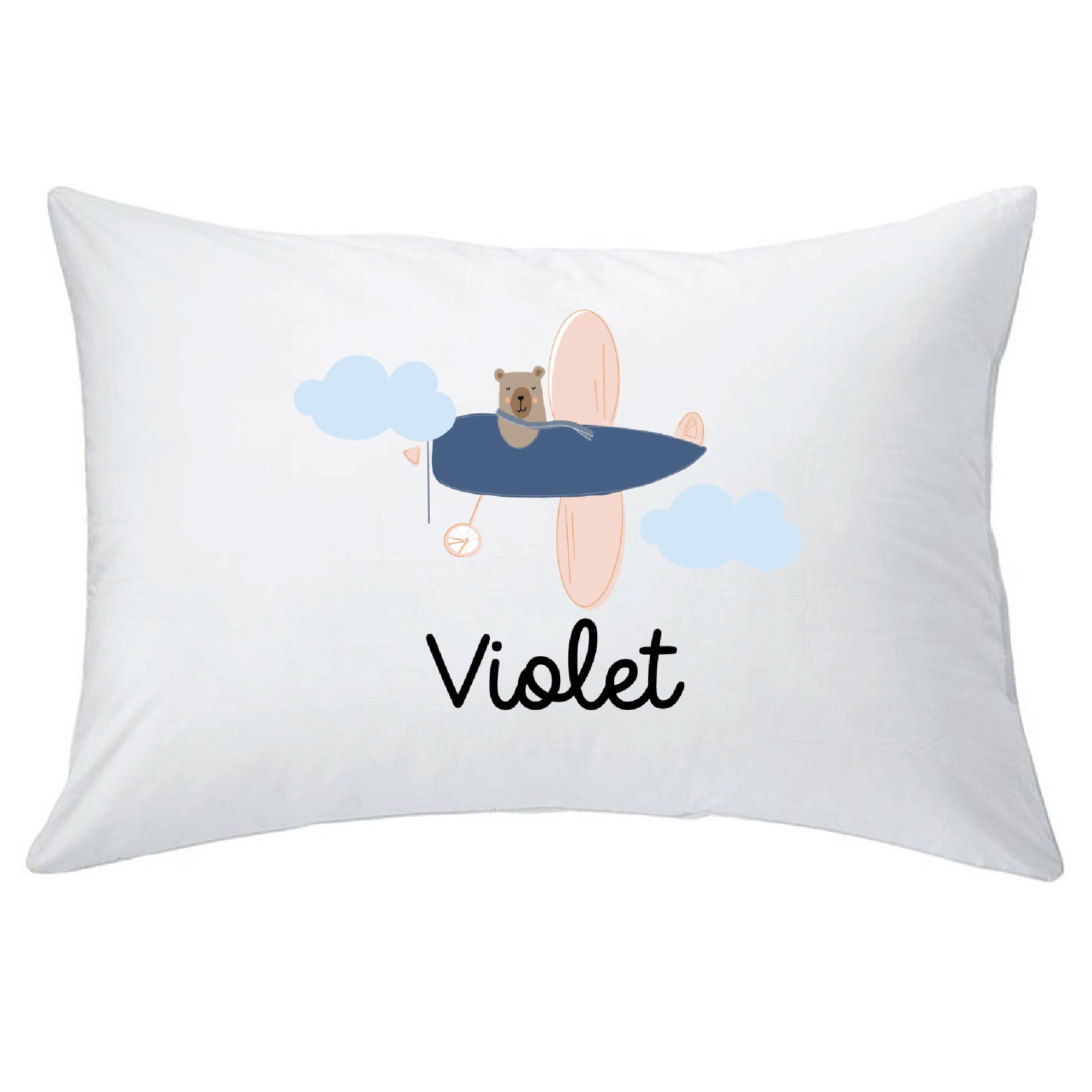 A white pillowcase with the name 'Violet' printed on it, featuring a design with a bear and clouds.