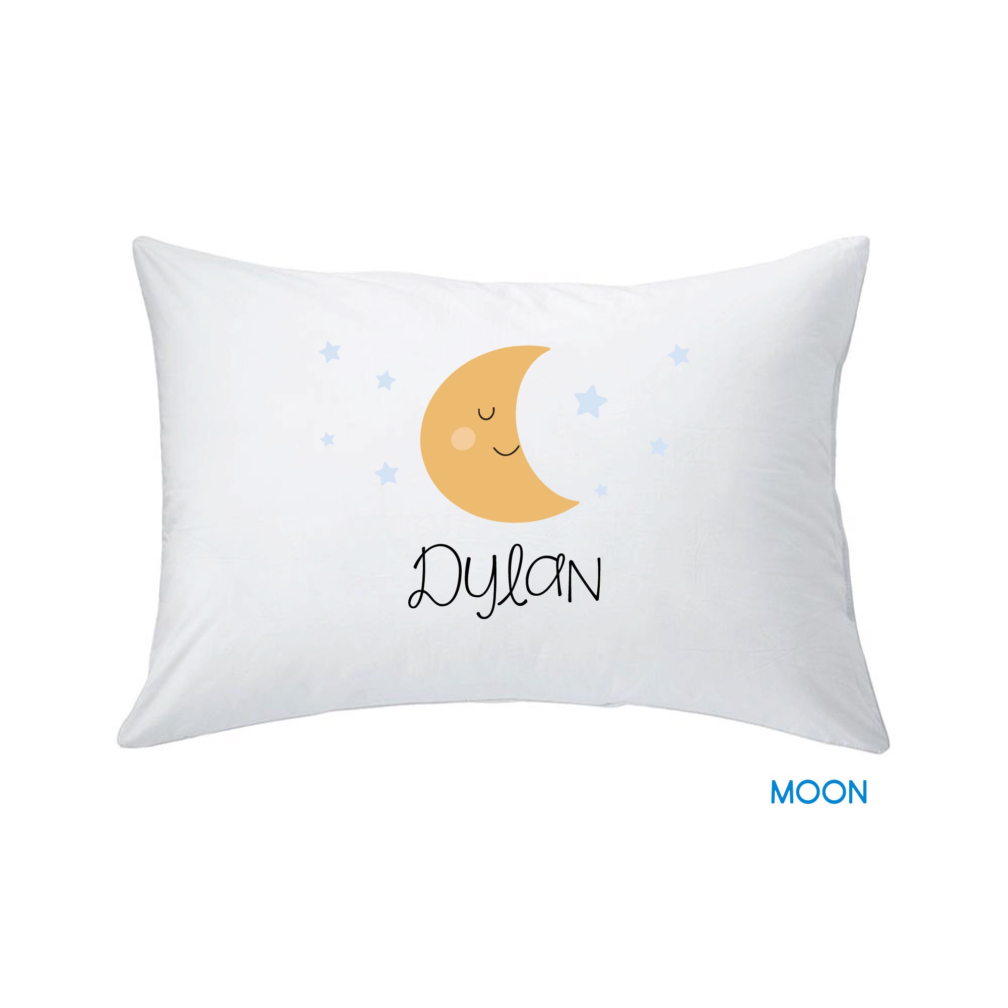 white pillow with moon and stars print design against a white background, customized by InchBug with the name "Dylan"; small text in blue reads "MOON"
