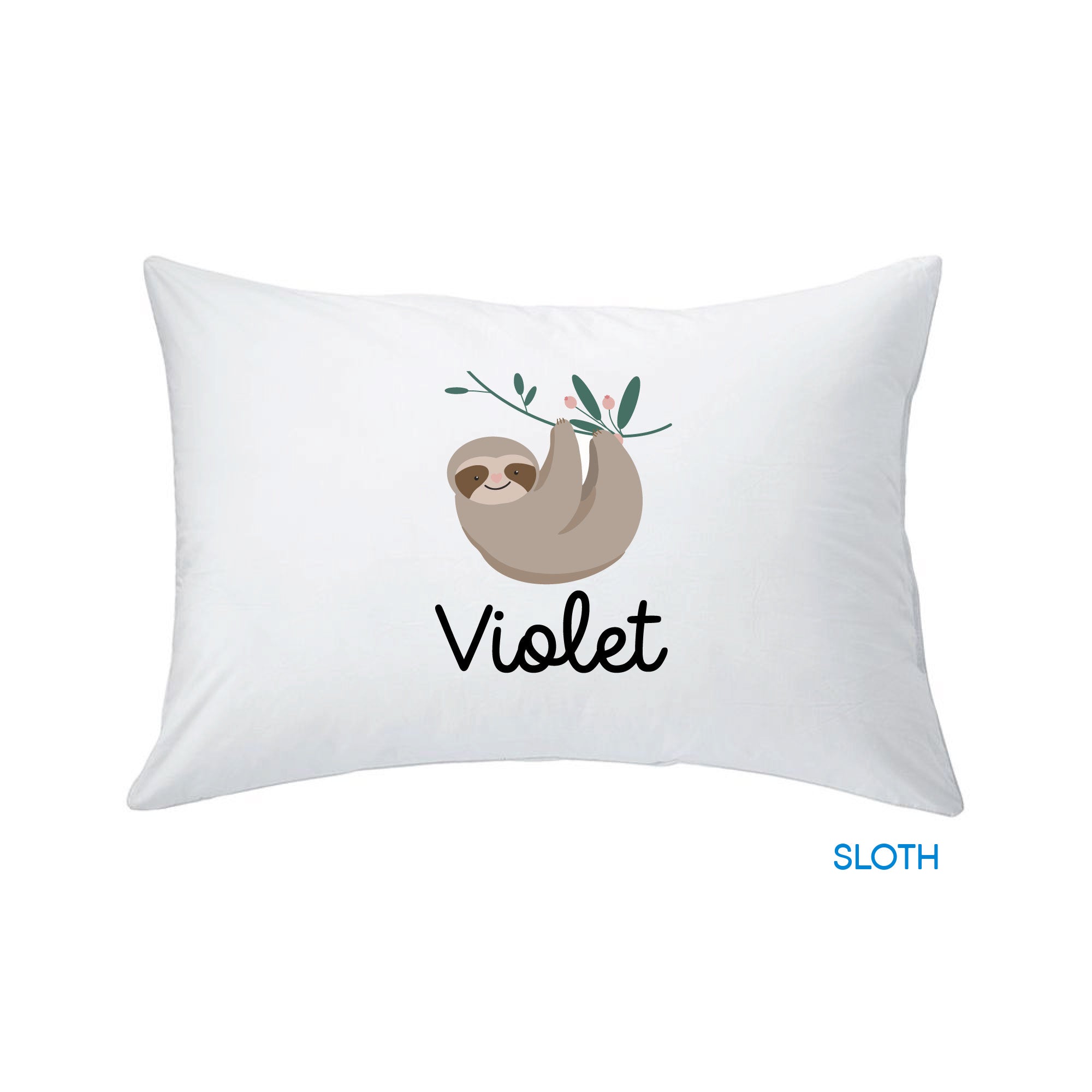 white pillow with sloth hanging on a branch print design against a white background, customized by InchBug with the name "Violet"; small text in blue reads "SLOTH"