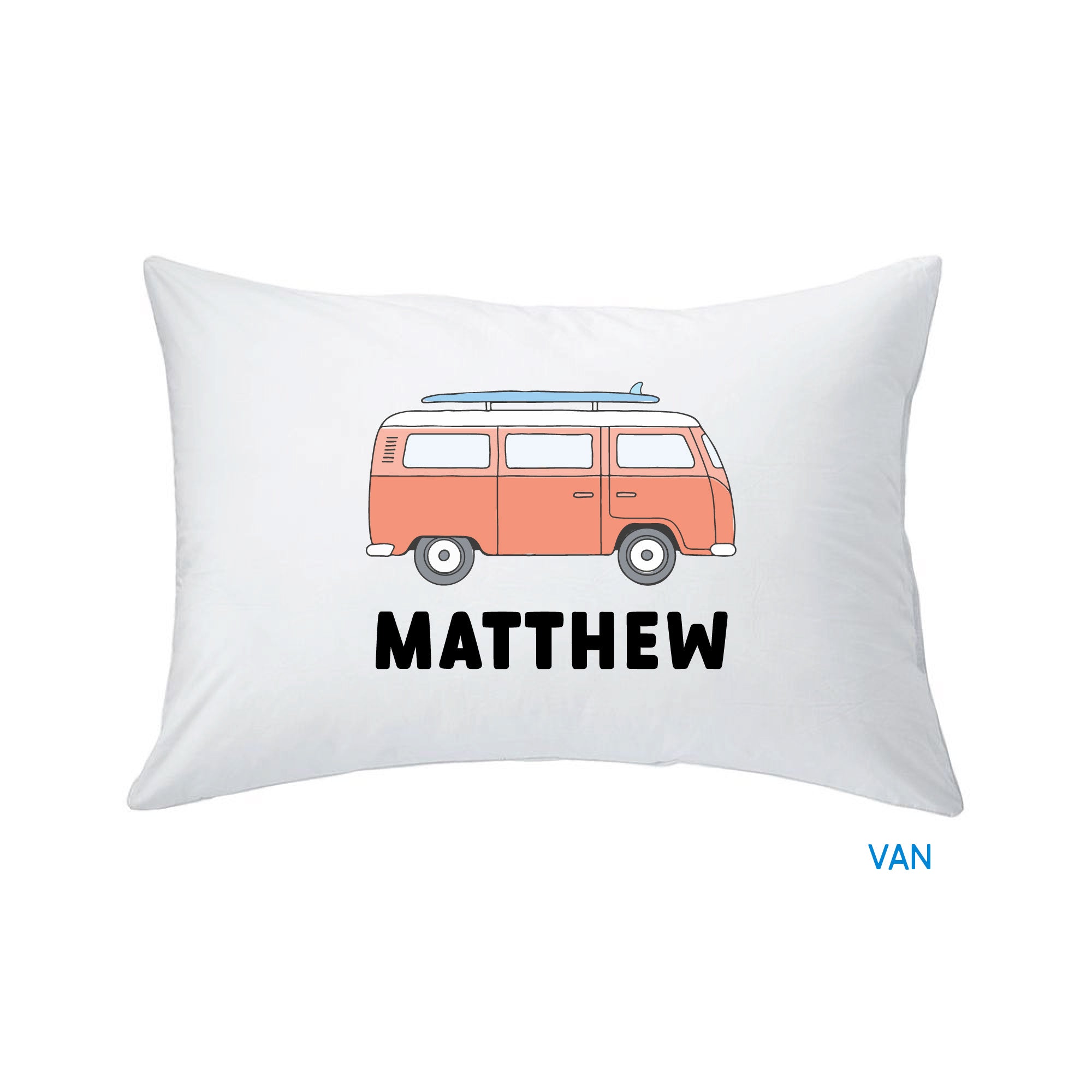 white pillow with orange van print design against a white background, customized by InchBug with the name "MATTHEW"; small text in blue reads "VAN"