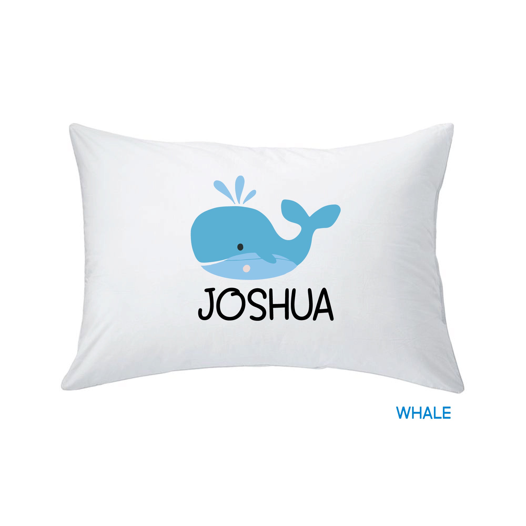 white pillow with whale print design against a white background, customized by InchBug with the name "Joshua"; small text in blue reads "WHALE"