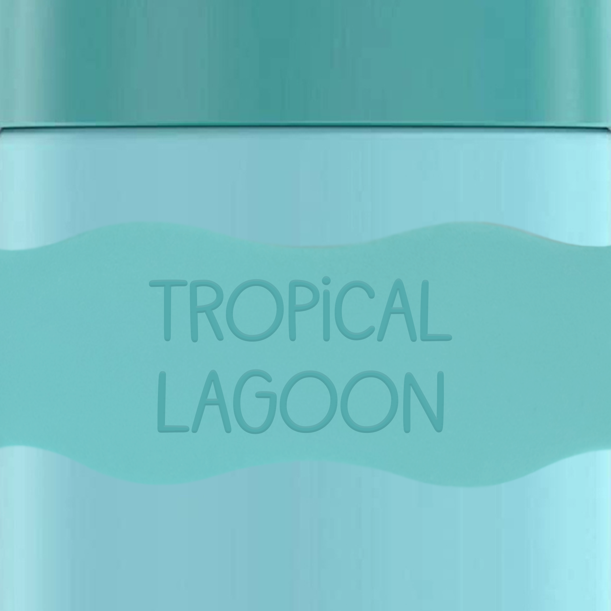 close up of InchBug Orbit Labels® Personalized Water Bottle Label - Tropical Lagoon on a green container