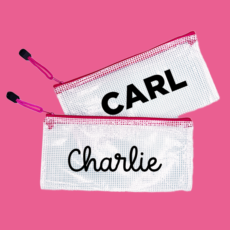 2 pink InchBug zipper pouches with different fonts