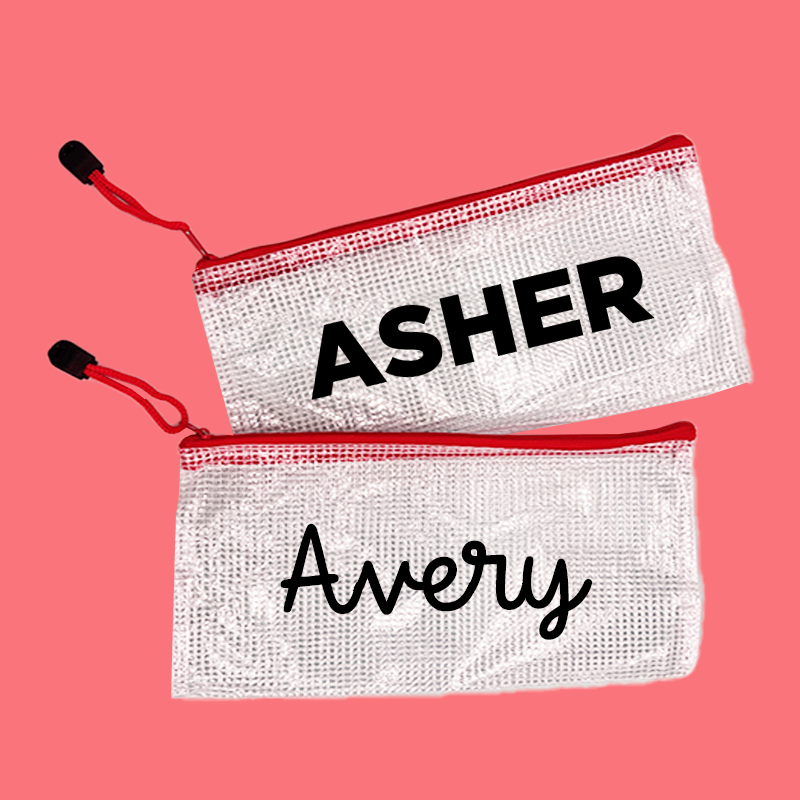 2 red InchBug zipper pouches with different fonts