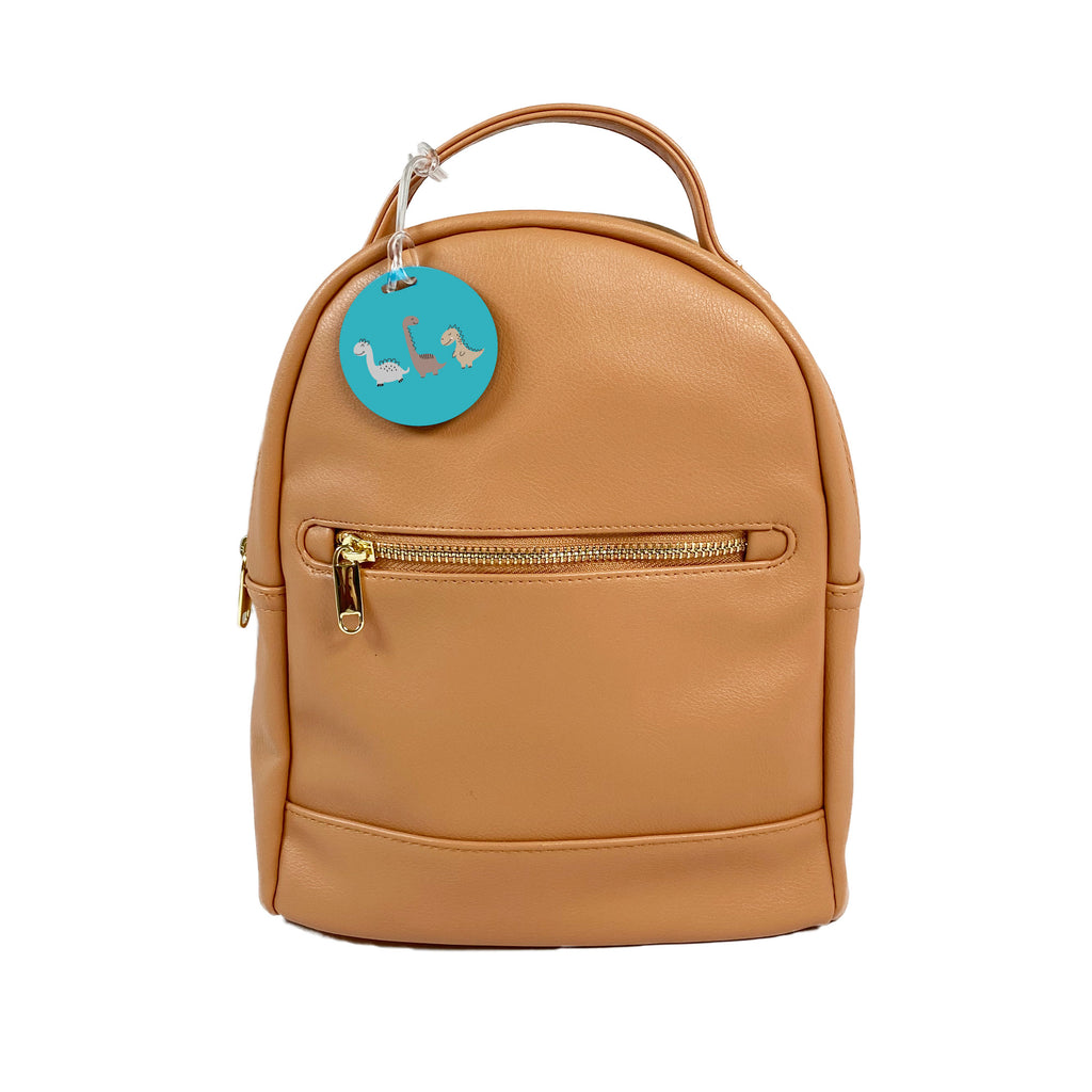 a yellow leather bag labeled with a blue InchBug bag tag with dinosaur designs