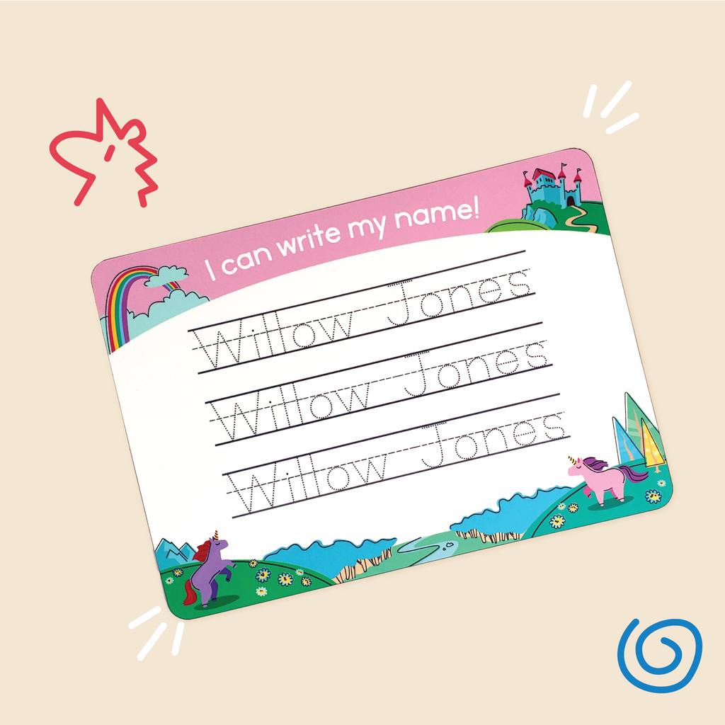 Fairytale Daydream design of InchBug personalized handwriting board, featuring rainbows, castles, and unicorns; there are doodles around it