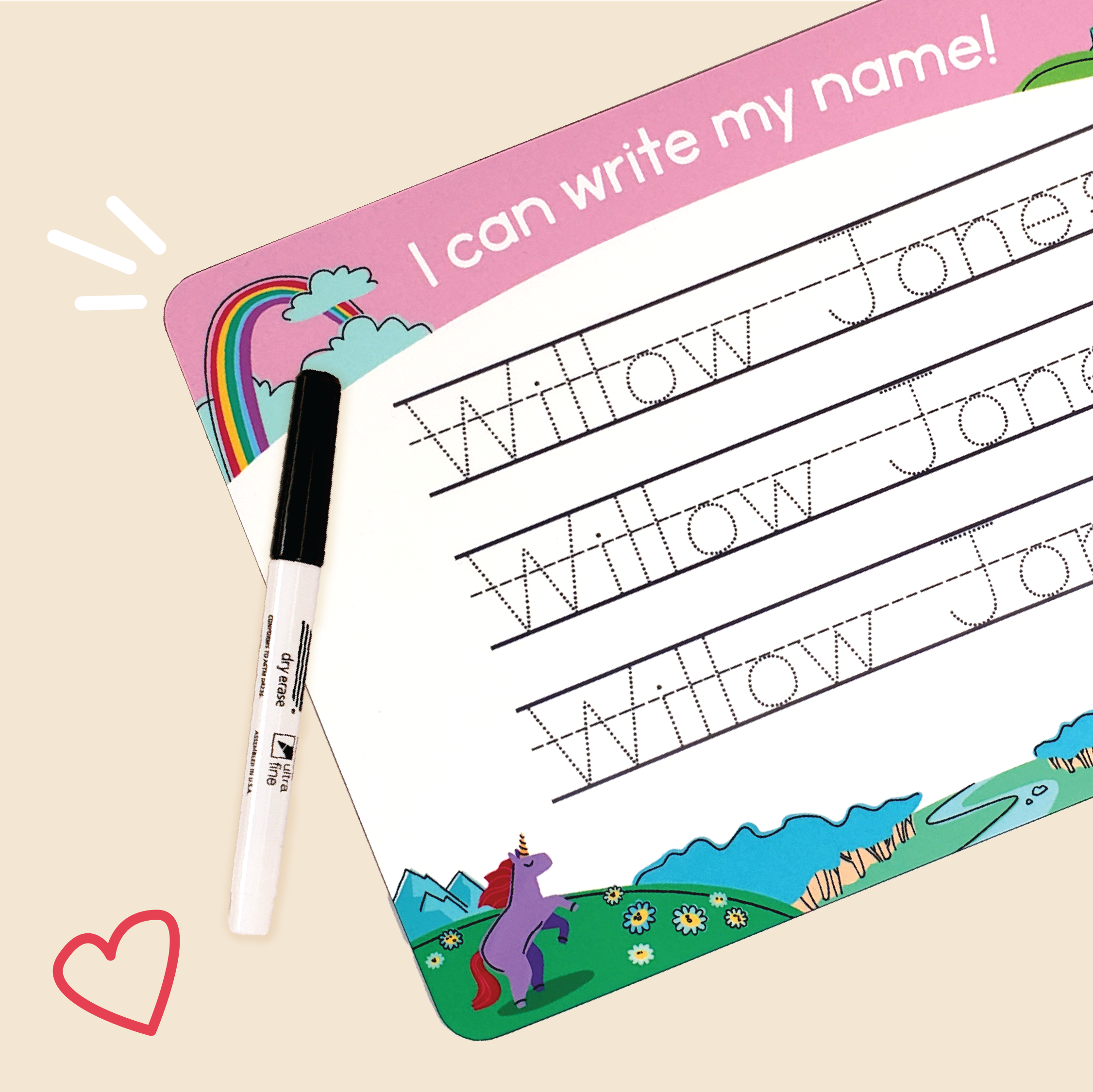 Fairytale Daydream design of InchBug personalized handwriting board, featuring rainbows, castles, and unicorns; there are doodles around it and the marker pen is on top of it