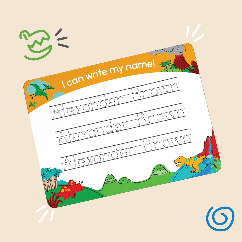 Dino Valley design of InchBug personalized handwriting board featuring T-rex, triceratops, volcano