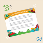 Dino Valley design of InchBug personalized handwriting board featuring T-rex, triceratops, volcano