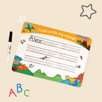 Dino Valley design of InchBug personalized handwriting board where "Alex" is partly traced; featuring T-rex, triceratops, volcano