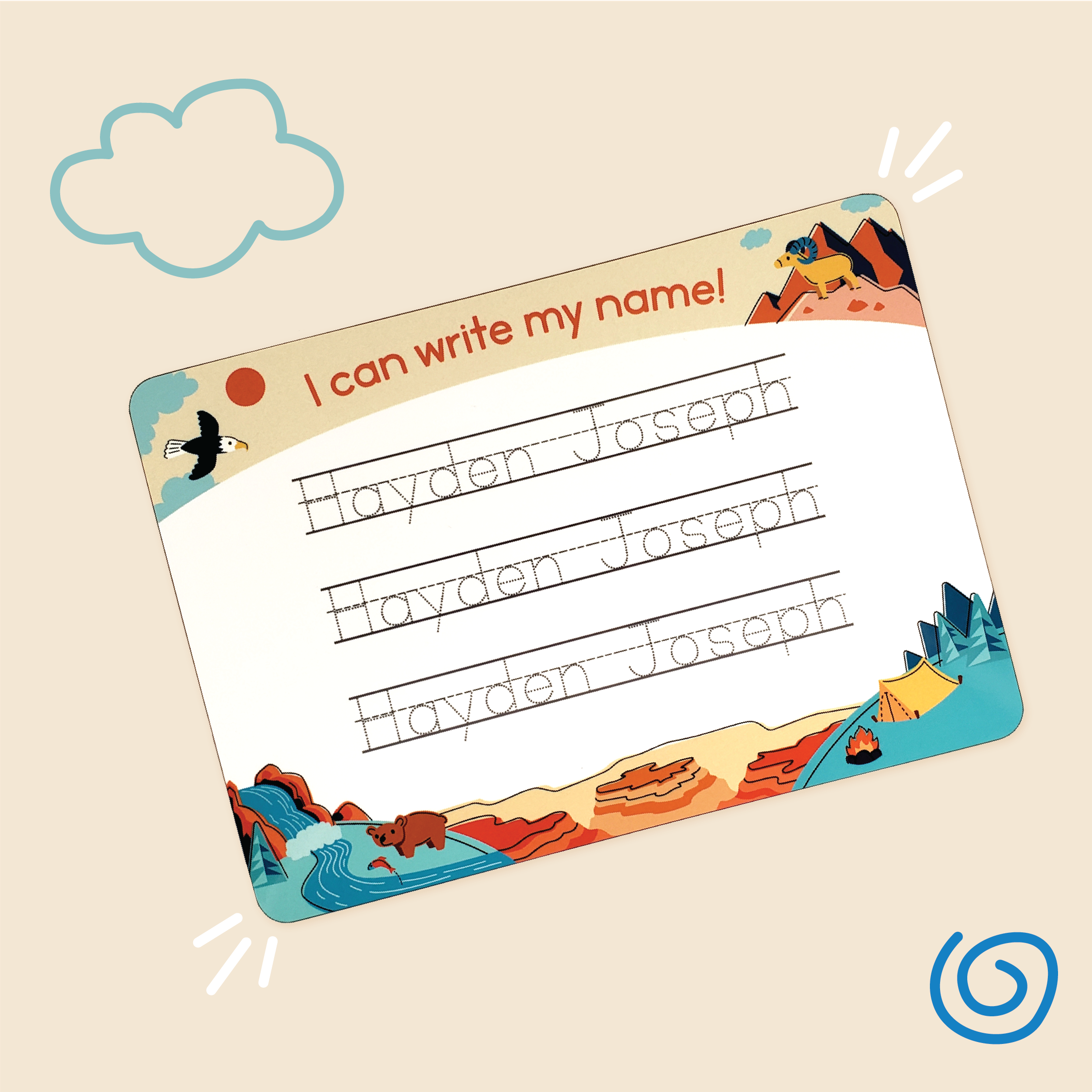 Great Outdoors design of InchBug personalized handwriting board, featuring mountains, falls, the woods, and animals like the American eagle, mountain goat, and hippo