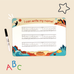 Great Outdoors design of InchBug personalized handwriting board, featuring mountains, falls, the woods, and animals like the American eagle, mountain goat, and hippo. Doodles surround it.