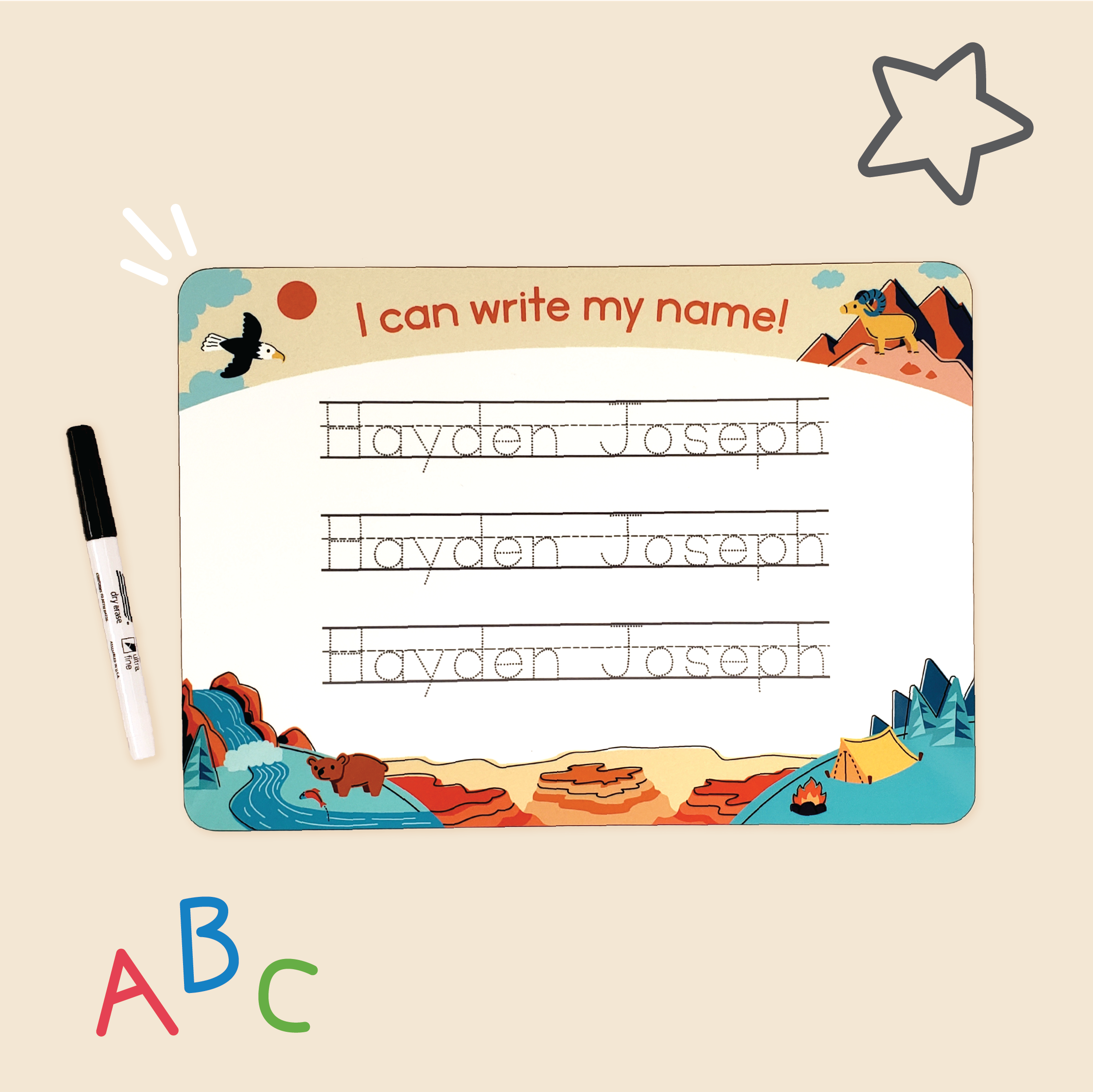 Great Outdoors design of InchBug personalized handwriting board, featuring mountains, falls, the woods, and animals like the American eagle, mountain goat, and hippo. Doodles surround it.