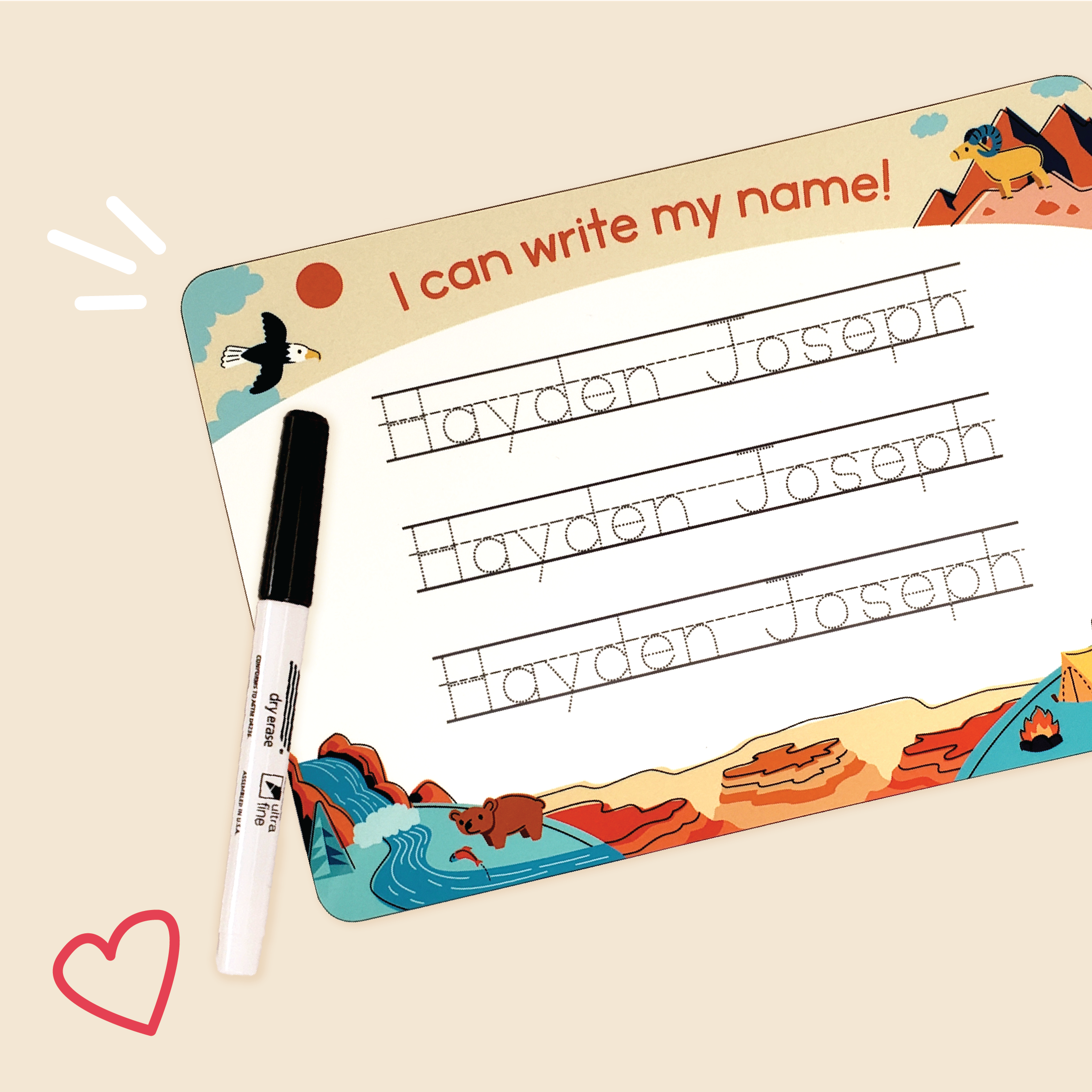 Great Outdoors design of InchBug personalized handwriting board, featuring mountains, falls, the woods, and animals like the American eagle, mountain goat, and hippo with a marker pen on top of it