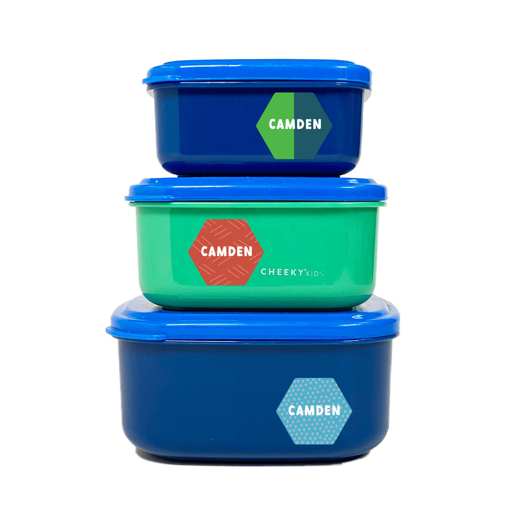 2 blue and 1 green food containers stacked on top of one another, labeled with hexagonal InchBug stickers with names